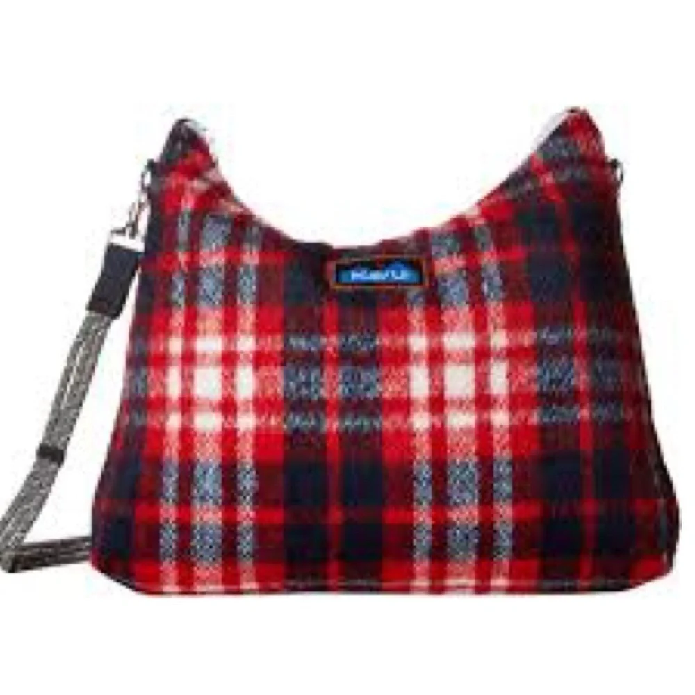 Kavu Fairview Plaid Rope Plush Shoulder Travel Bag Red and Blue Preppy Academia
